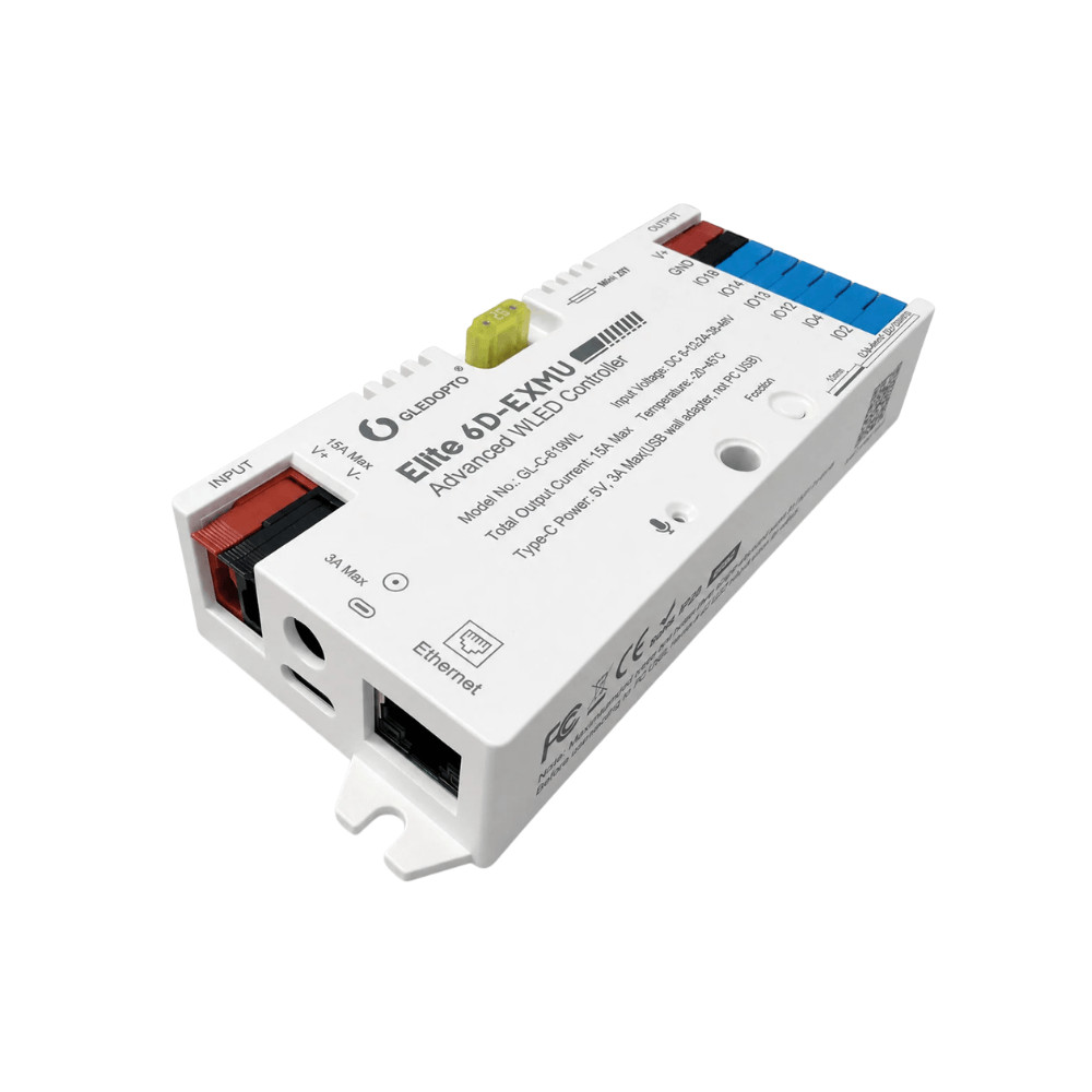 Gledopto Elite 6D-EXMU Advanced WLED Controller – hat csatornás RGBIC LED vezérlő, mikrofonnal, USB-C, ESP32, Wi-Fi, Ethernet (GL-C-619WL)